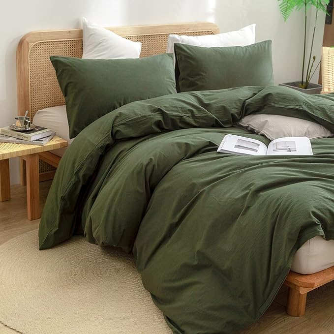 BESTOUCH Duvet Cover Set 100% Washed Cotton Linen Feel Super Soft Comfortable Chic Lightweight 3 PCs Home Bedding Set Olive Green Queen
