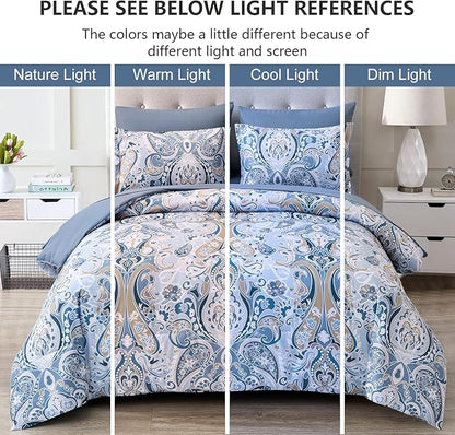 Drucon Blue Paisley Comforter Set Queen, 7 Pieces Bed in a Bag Boho Comforter Soft Microfiber Blue Paisley Bedding(1 Comforter, 1 Flat Sheet, 1 Fitted Sheet, 2 Pillow Shams, 2 Pillowcases)