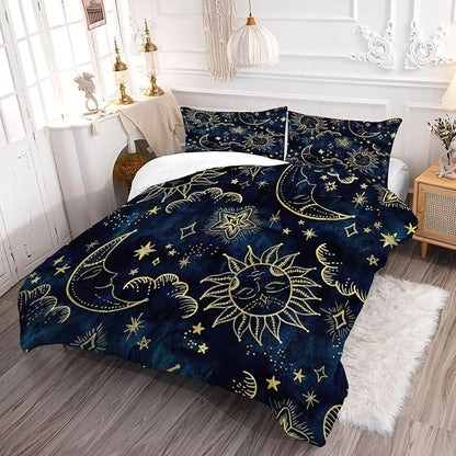 Celestial Comforter Set Queen Size Blue Gold Sun and Moon Boho Bedding for Kids Adult Women Teens Universe Galaxy Bohemian Exotic Gothic Quilt 1 Comforter + 2 Pillow Cases
