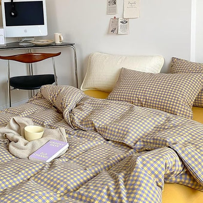 mixinni Yellow/Purple Gingham Comforter Set King, Plaid Comforter Set 3 Pieces 1 Vintage Grid Comfoter with 2 Pillow Cases for All Seasons, Soft Fluffy Modern Grid Pattern Printed Bedding-King Size