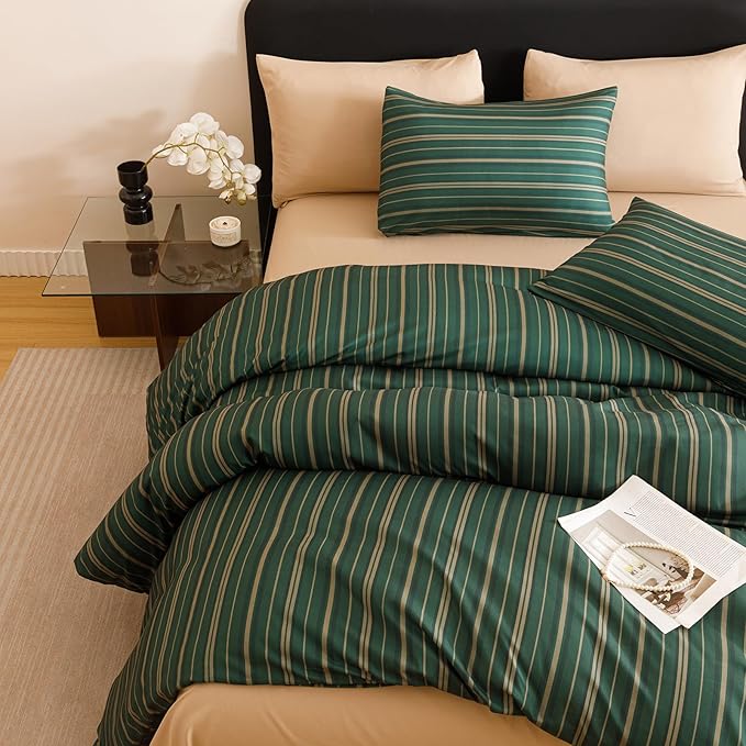 CLOTHKNOW Striped Queen Comforter Set Green Bedding Comforter Sets Farmhouse Ticking Comforter Queen Hunter Green Comforter Soft Boho