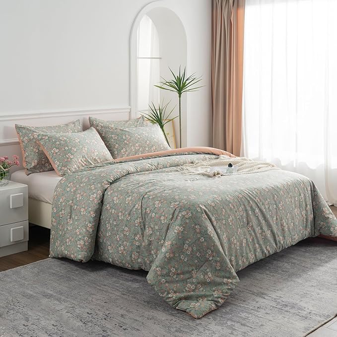 Floral Full Comforter Set 3 Pieces Soft Chic Garden Style Vintage Print Lightweight Botanical Flower