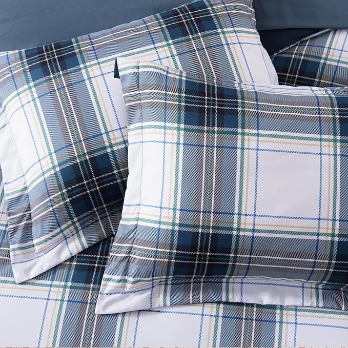 MaiRêve Queen Size Plaid Comforter Set Blue White, Classic 7 Pieces Farmhouse Bedding Set, All Season Lightweight Bed in A Bag with Sheets, Pillowcases & Shams