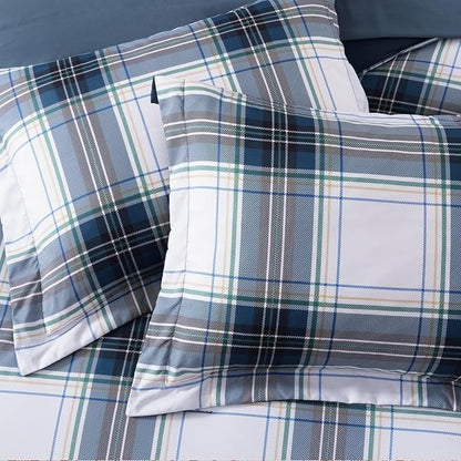 MaiRêve Queen Size Plaid Comforter Set Blue White, Classic 7 Pieces Farmhouse Bedding Set, All Season Lightweight Bed in A Bag with Sheets, Pillowcases & Shams