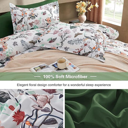 7 Piece Queen Comforter Set, Green Butterfly Floral Comforter Set with Flowers Leaves Pattern, Soft Microfiber Complete Bedding Set for All Season(Dark Green, Queen)
