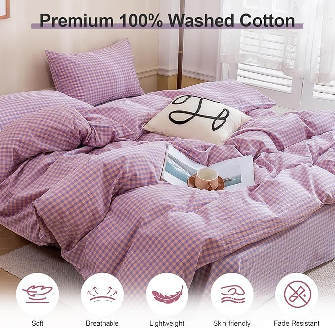 EAVD Vintage Purple Gingham Duvet Cover Twin Soft 100% Washed Cotton Modern Purple Pink Grid Plaid Duvet Cover with 2 Pillowcases Reversible Geometric Pattern Bedding Set with Zipper Closure