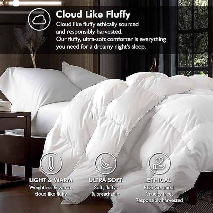 Luxurious King/Oversized King 108" x 98" Size Goose Down Fiber Waterfowl Feather Fiber Comforter Duvet, 100% Egyptian Cotton Cover, 65 oz. Fill Weight, Baffle Box Design, White Solid