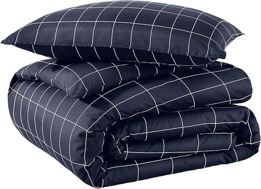 Bare Home Bedding Duvet Cover Extra Long Size - Premium 1800 Super Soft Collection - Lightweight - Soft Textured Bedding (Twin/Twin XL, Grid - Midnight Blue/White)