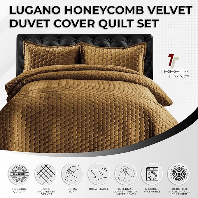 Tribeca Living Lugano Oversized Velvet Quilt Set - All Season, Extra Large, 3 Piece Queen Size Comforter Set with 2 Pillow Shams in Camel Honeycomb Pattern 260GSM