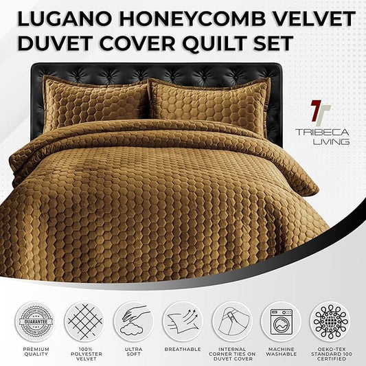 Tribeca Living Lugano Oversized Velvet Quilt Set - All Season, Extra Large, 3 Piece Queen Size Comforter Set with 2 Pillow Shams in Camel Honeycomb Pattern 260GSM