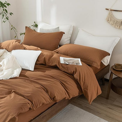 100% Washed Cotton Dark Orange Duvet Cover Super Queen Size Bedding Set Cover 1 Duvet Cover with Zipper Closure and 2 Pillowcases, 98inch x 90inch
