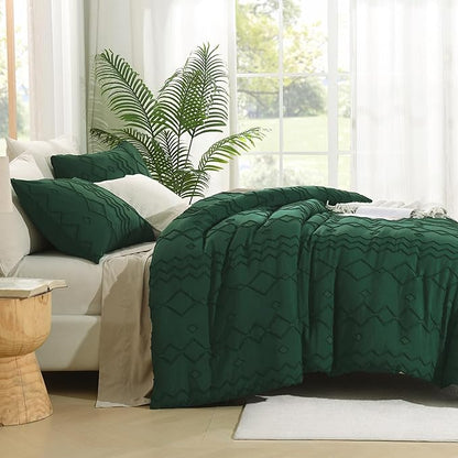 Andency Comforter Full Size Emerald Green, 3 Pieces Dark Green Boho Tufted Geometric Shabby Chic Bedding, Soft Fluffy Farmhouse Bed Set, Jacquard Textured Comforter for All Season(79x90 Inch)