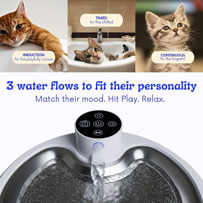 KAER Wireless Cat Water Fountain, 2.8L, Battery Operated, BPA-Free, Stainless Steel, Ultra-Quiet Pet Fountain with 3 Water Flows & Smart Motion Sensor, Aesthetic Bowl, 5-Layer Filtration, 4000mAh