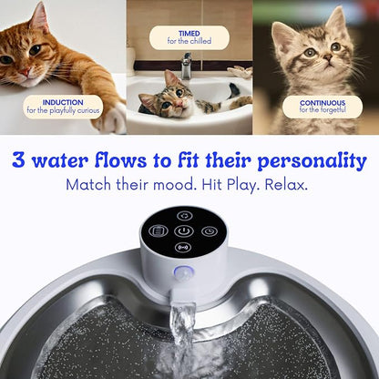 KAER Wireless Cat Water Fountain, 2.8L, Battery Operated, BPA-Free, Stainless Steel, Ultra-Quiet Pet Fountain with 3 Water Flows & Smart Motion Sensor, Aesthetic Bowl, 5-Layer Filtration, 4000mAh