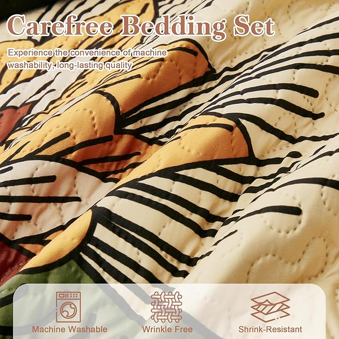 3 Piece Black Boho Floral King Size Quilt Sets Reversible Farmhouse Botanical Lightweight Bedspread Coverlet with 2 Shams Mid Century Microfiber Bedding Quilts Set for All Season,106''x96''