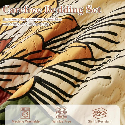 3 Piece Black Boho Floral King Size Quilt Sets Reversible Farmhouse Botanical Lightweight Bedspread Coverlet with 2 Shams Mid Century Microfiber Bedding Quilts Set for All Season,106''x96''