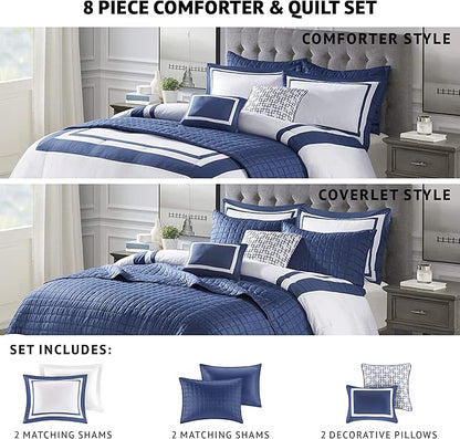 Madison Park Heritage Comforter Quilt Combo Set - Modern Luxury Design, All Season Down Alternative Bedding, Matching Shams, Decorative Pillows, King/Cal King(104"x92"), Color Block Navy 8 Piece