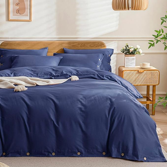 JELLYMONI Cotton Duvet Cover Queen Size - Navy Blue Comforter Cover with Button 100% Washed Cotton 3PCS Breathable Soft Solid Bedding Set Duvet Cover 90×90in & 2 Pillowcases (NO Comforter)