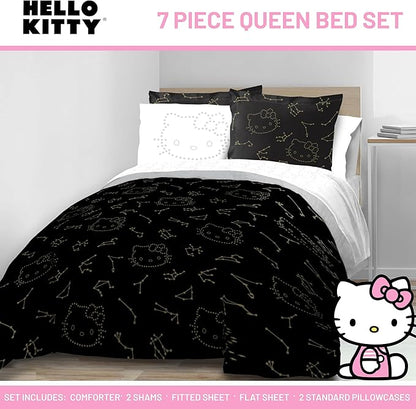 Jay Franco Hello Kitty Stars Queen Comforter Set - 7 Piece Bedding Includes Sheet Set & Pillow Covers - Super Soft Zodiac Black & Gold Bedding