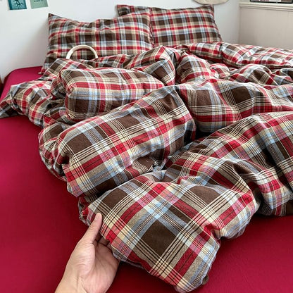 EAVD Vintage Style Red&Brown Buffalo Plaid Comforter Set Full Soft 100% Washed Cotton Chic Grid Checkered Ginham Bedding Set with 2 Pillowcases Farmhouse Geometric Comforter Set for All-Season