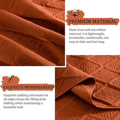 Yiran Burnt Orange Fall Quilt Set King Size Bedding Set Lightweight Bedspreads 3 Piece Soft Microfiber Terracotta Diamond Pattern Bed Coverlet for All Season with 2 Pillow Shams (106x96 Inch)