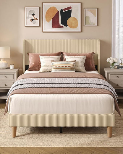 Bestier Full Bed Frame with Wingback Headboard,Upholstered,Taupe | Wooden Slats Support,Easy Assembly,Wingback Headboard,No Squeaks,Vertical Channel Corduroy Upholstered,No Box Spring Needed