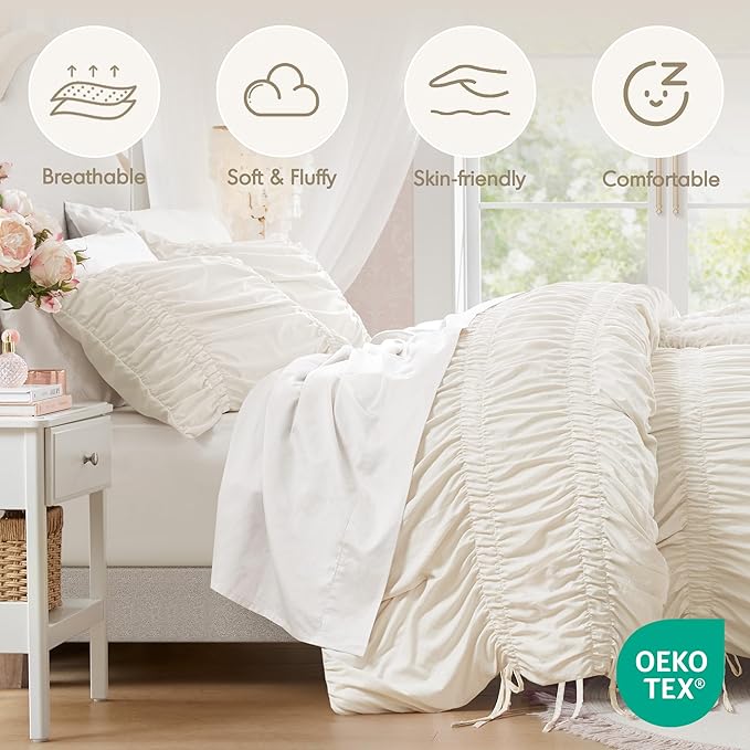 Intelligent Design Ruched Shabby Chic Comforters for Queen Size Bed, All Season Lightweight Comforter Queen, French Country Bedding Set, Sham, Ella, Full/Queen, Ivory, 3 Piece