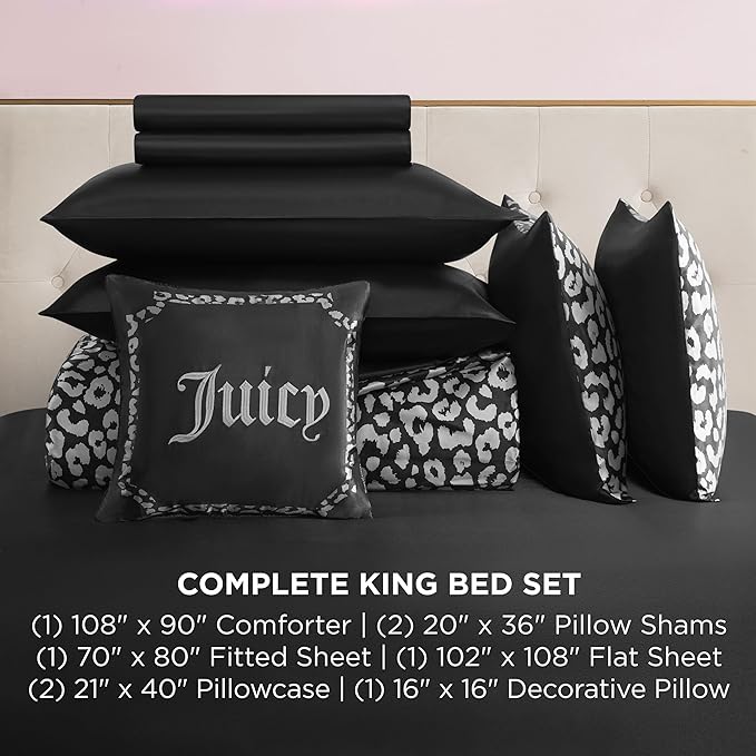 Juicy Couture Modern Black Leopard Satin King Comforter Set - Luxury Bed in a Bag – Soft & Stylish 8-Piece Bedding Collection