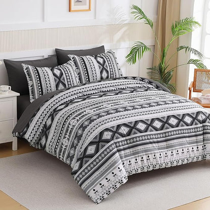 Dinjoy California King Comforter Set Size, Dark Gray Cal King Bed in a Bag Boho Black Bedding Sets Fall 7 Pieces Striped Oversized Bed Set with Comforters, Sheets, Shams for All Season