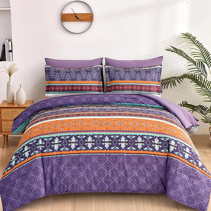 WONGS BEDDING Boho Comforter Set King Size,7 Pieces Bohemian Striped Bedding Comforter Set Bed in a Bag,Purple Paisley Floral Comfortet and Sheet Set,Soft Microfiber Bedding Sets for All Season
