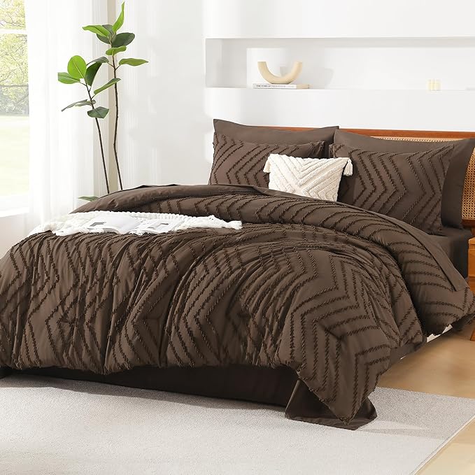 Litanika Super King Plus Size Comforter Set with Sheets Brown - 7 Pieces Bed in a Bag Oversized King Boho Tufted Complete Bedding Sets with Comforter, Sheets, Pillowcases & Shams