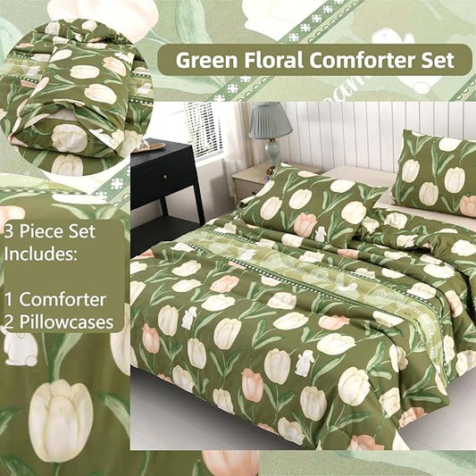SDIII Rabbit and Green Floral Comforter Set Twin 3 Pieces, Soft Microfiber Green Floral Comforter Twin Size, Botanical Bedding Set All Season