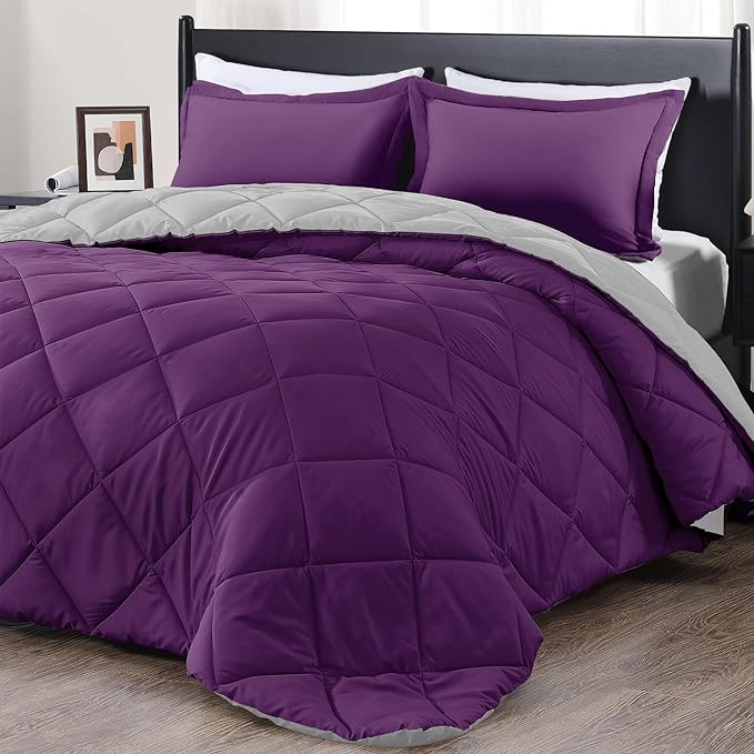 downluxe King Size Comforter Set - Purple and Grey King Comforter, Soft Bedding Sets for All Seasons -3 Pieces - 1 Comforter (104"x92") and 2 Pillow Shams(20"x36")