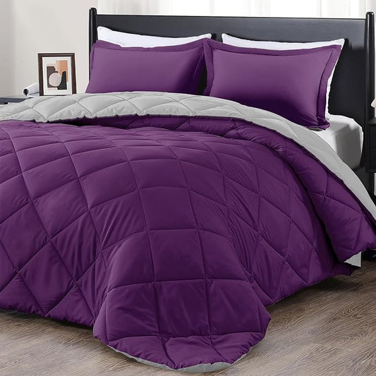 downluxe King Size Comforter Set - Purple and Grey King Comforter, Soft Bedding Sets for All Seasons -3 Pieces - 1 Comforter (104"x92") and 2 Pillow Shams(20"x36")