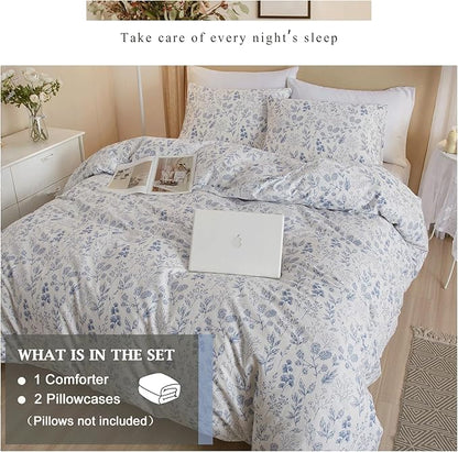 VM VOUGEMARKET White Blue Floral Comforter Set Twin 3 Pcs Botanical Leaves Pattern Comforter with 2 Pillowcases,All Season Soft & Lightweight Down Comforter Set for Girls Women 68"x90"