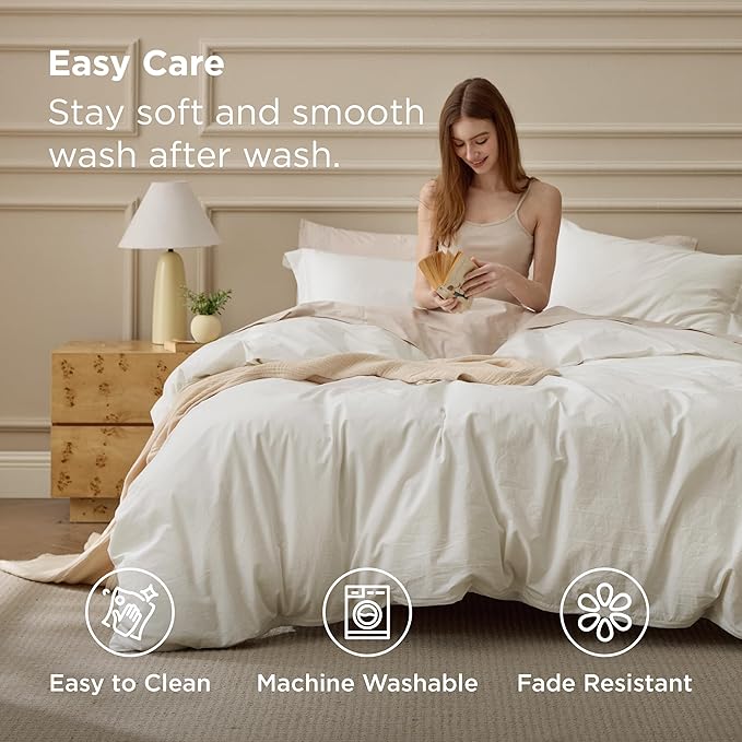 Bedsure 100% Washed Cotton Duvet Cover Queen Size - Ivory Minimalist Bedding Set Linen Like - PureWoven Plain Simple & Soft Comforter Cover for All Seasons, 3 Pieces (Ivory, Queen, 90"x90")