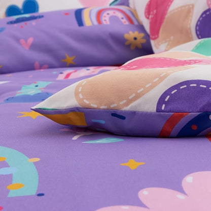 Btargot Lightweight Soft 3 Piece Rainbow Comforter Set with 2 Pillow Covers, Cartoon Love Hearts Flowers and Sun Star Bedding Set for Girls Boys Kids, Full Dark Purple