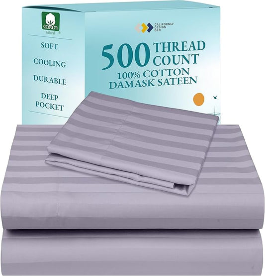 California Design Den - Bed Sheets Twin Size, Soft 100% Cotton Sheets, Deep Pockets, 500 Thread Count Sateen, Damask Stripe Bedding Sheets Twin Sheets Set (Lavender - Striped)