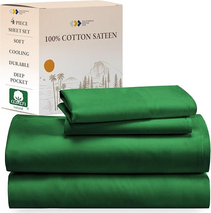 California Design Den Deep Pocket Queen Sheets Set - Natural 100% Cotton Sheets Queen Size Bed Set, Soft Sateen Weave, Breathable and Durable Bedding (Emerald Green)