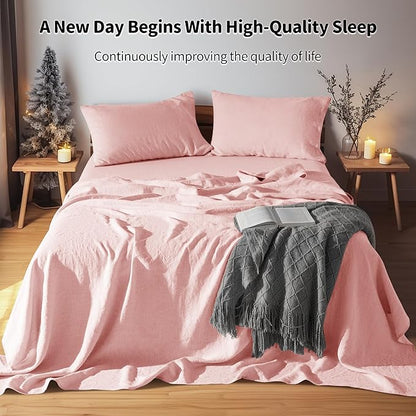 LBRO2M 100% Pure Linen Sheet Set Deep Pocket Up to 16" Bed Sheets Sets, Natural Flax Beddings Soft, Breathable, Comfortable for All Seasons 4 Pcs Sheet Set Full Size, Blush Pink