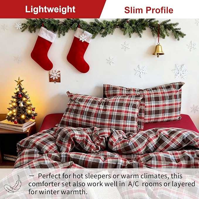 EAVD Vintage Style Red&Brown Buffalo Plaid Comforter Set Full Soft 100% Washed Cotton Chic Grid Checkered Ginham Bedding Set with 2 Pillowcases Farmhouse Geometric Comforter Set for All-Season
