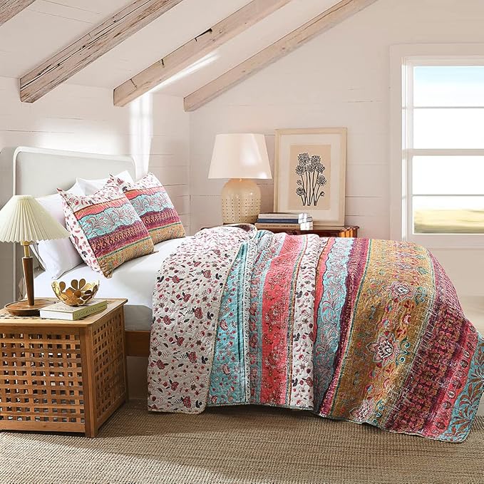 Boho Style Queen Quilt Set Reversible Bohemian Floral Strip Quilt Beddding Set, Soft and Lightweight Bedspread for All Season, Full Size Bed Coverlet with 2 Matching Pillow Shams (3 Pieces)