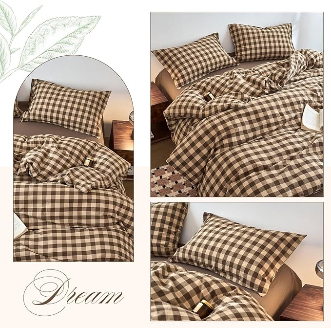 EAVD Vintage Style Brown&Beige Plaid Duvet Cover Set Full Soft 100% Washed Cotton Like Linen Feel 3-Piece Checkered Gingham Duvet Cover with 2 Pillowcases Retro Buffalo Plaid Bedding Set with Zipper