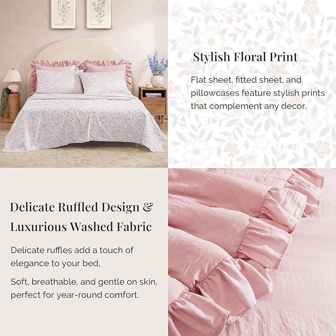 Full Comforter Set - 7 Pieces Ruffle Soft Pink Bedding Sets, Shabby Chic Farmhouse Bed in a Bag Full with Ruffle Comforter, Floral Sheets, Pillowcases & Shams