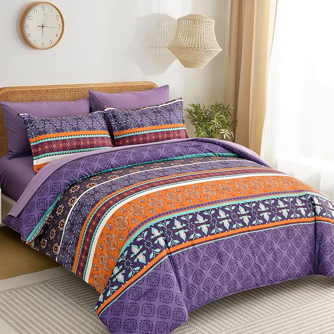 WONGS BEDDING Boho Comforter Set Queen Size,7 Pieces Bohemian Comforter Bedding Set Bed in a Bag,Purple Paisley Floral Comfortet and Sheet Set,Soft Microfiber Striped Bedding Sets for All Season