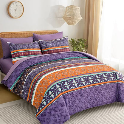 WONGS BEDDING Boho Comforter Set Queen Size,7 Pieces Bohemian Comforter Bedding Set Bed in a Bag,Purple Paisley Floral Comfortet and Sheet Set,Soft Microfiber Striped Bedding Sets for All Season