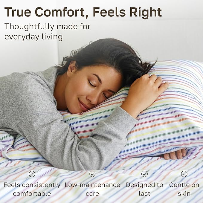 California Design Den Striped Queen Sheet Set - 400 Thread Count Sateen, Natural 100% Cotton Sheet Set Queen Size, Deep Pocket and Durable Bedding - Rainbow Striped