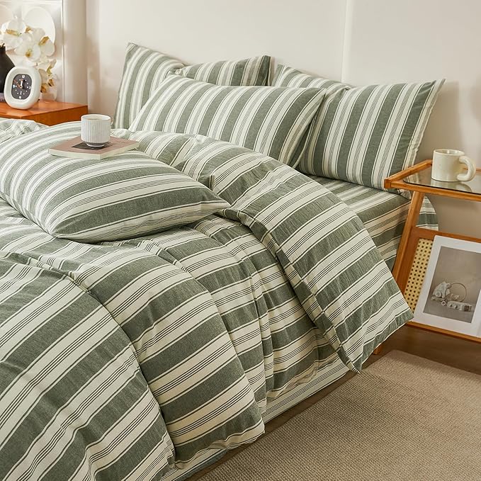 100% Washed Cotton Striped Duvet Cover Set Twin XL, Vintage Green White Stripes Pattern Printed Comforter Cover, Soft Breathable Duvet Cover with 2 Pillowcases Farmhouse Striped Bedding Set Twin XL