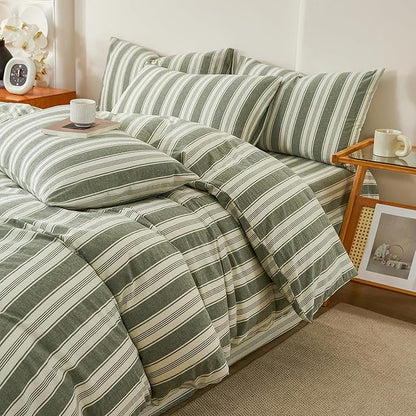 100% Washed Cotton Striped Duvet Cover Set Twin XL, Vintage Green White Stripes Pattern Printed Comforter Cover, Soft Breathable Duvet Cover with 2 Pillowcases Farmhouse Striped Bedding Set Twin XL