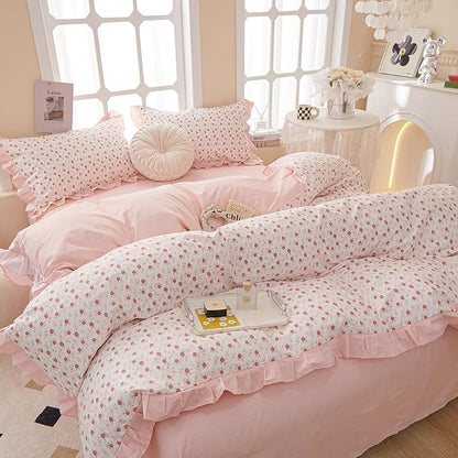 HighBuy Ruffled Comforter Set Full White Pink Floral Bedding Comforters Comfy Soft for Girls Boy Coquette Cottagecore Stripes Bedding Comforter Set 1 Fluffy Ruffle Comforter with 2 Pillowcases